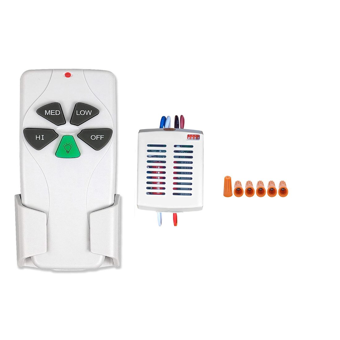 Smekitlly 53TMINIR28 small size ceiling fan remote kit — 53T remote in its wall cradle, mini receiver and wire connecting nuts.