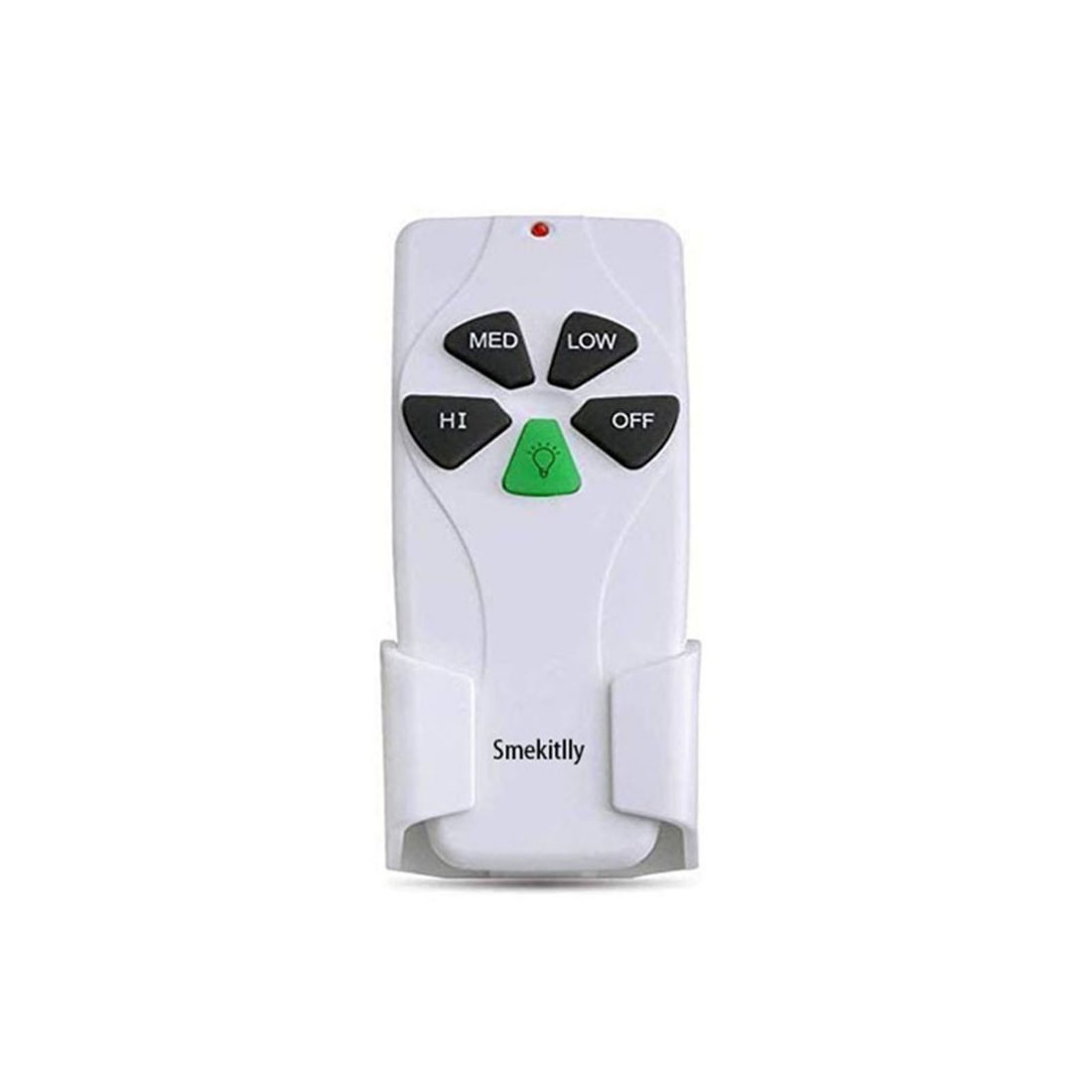Smekitlly 53T replacement handheld ceiling fan remote in its wall cradle, with MED, LOW, HI, OFF and light buttons.