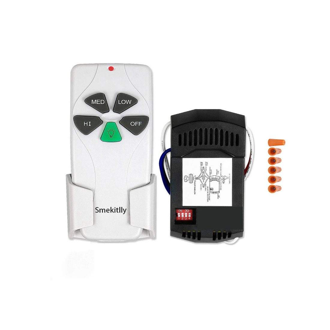 Smekitlly FAN-TT53 ceiling fan remote kit: the white 53T handheld remote in its wall cradle with HI, MED, LOW, OFF and light buttons, the black FAN28R in-canopy receiver with DIP switches, and five orange wire connecting nuts.