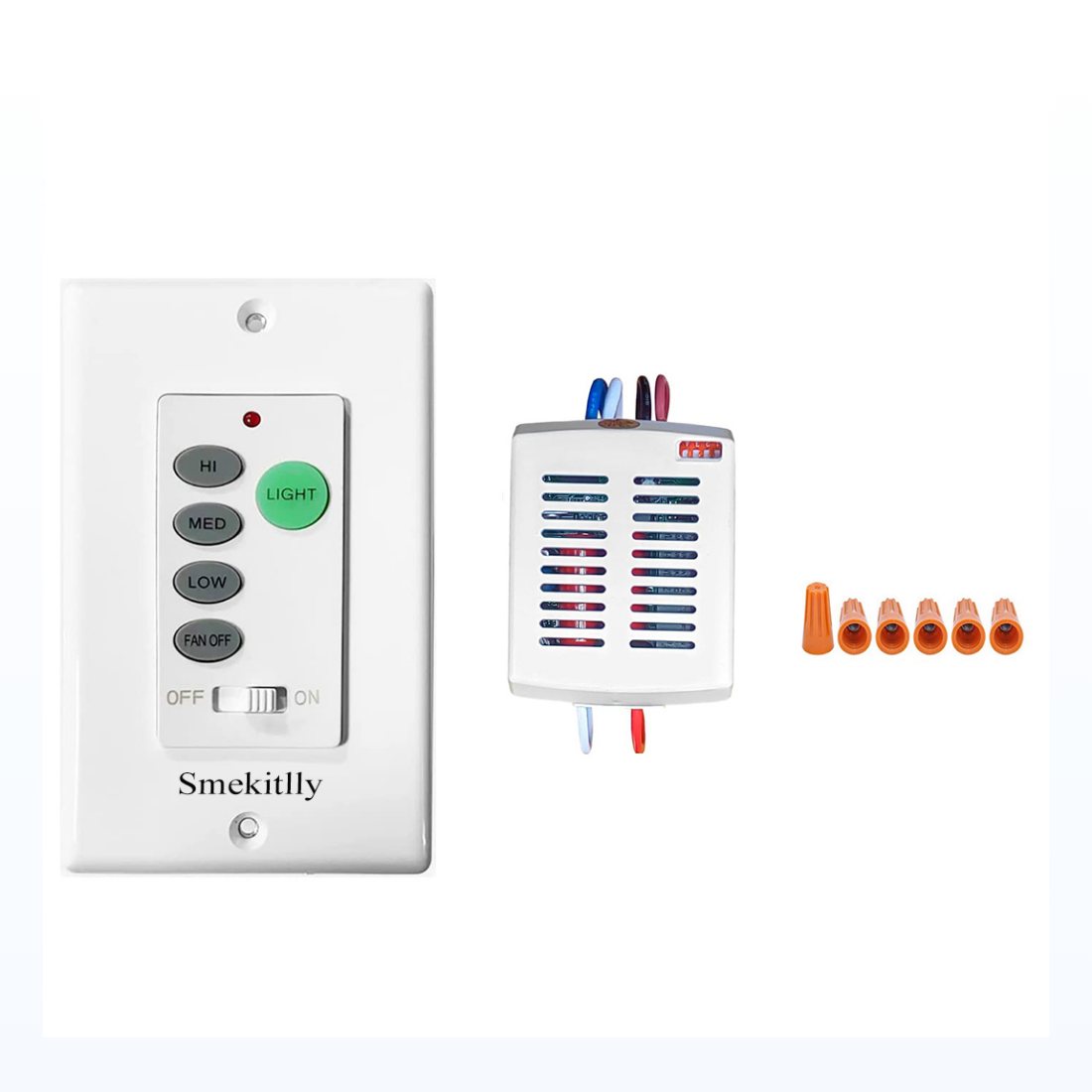 The Smekitlly BY061 + MINI R28 kit: the white wall control with its HI, MED, LOW and FAN OFF buttons and its light button, the mini receiver, and wire connecting nuts.