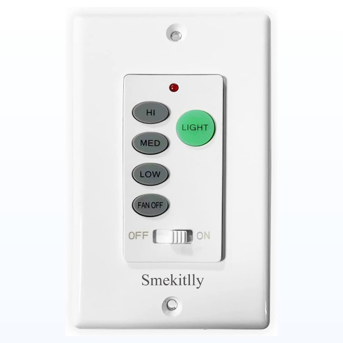 The Smekitlly BY061 wall control: a white wall plate with HI, LIGHT, MED, LOW and FAN OFF buttons, a light button and an OFF/ON main switch.